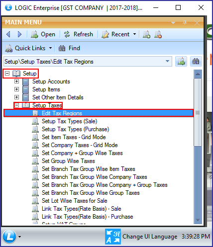 main menu edit tax region